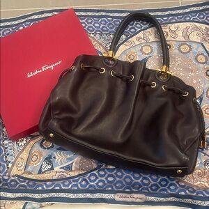 Salvatore Ferragamo Gorgeous Black Leather Bag with Gold Accents